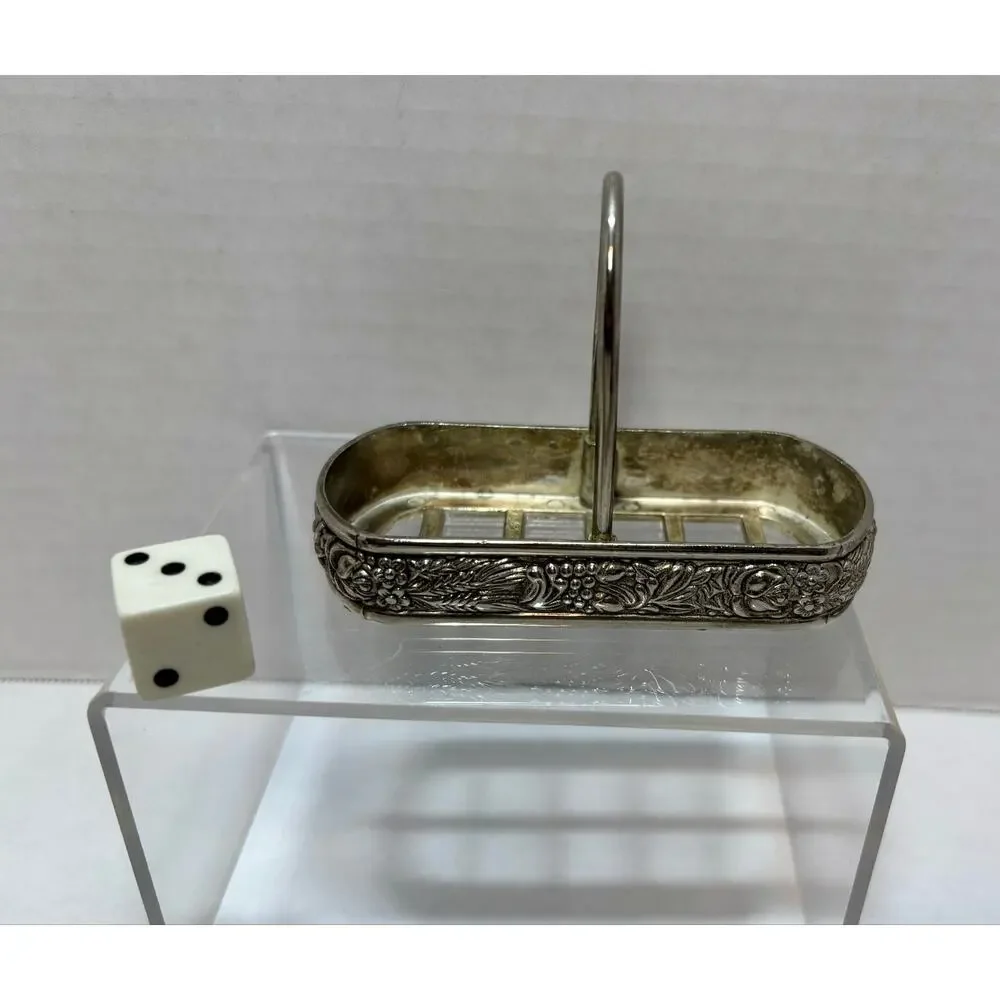 Vintage silver plated cube salt and pepper shakers with holder embossed 3pc set